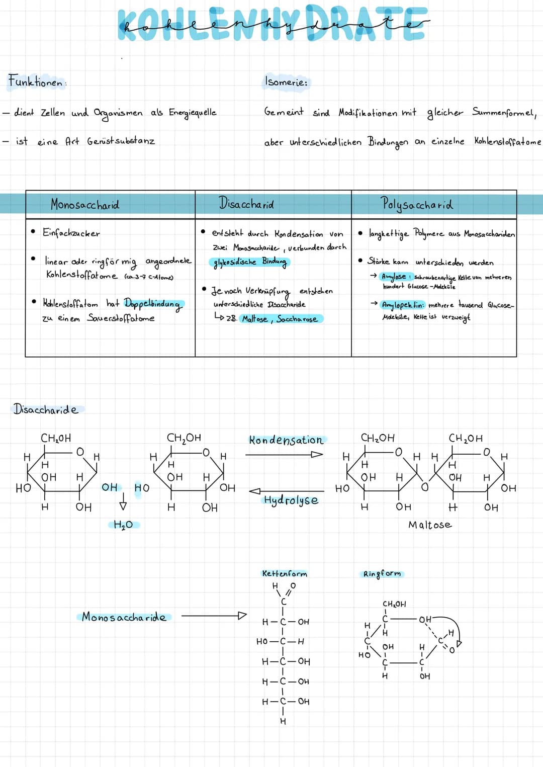 Funktionen:
dient Zellen und Organismen als Energiequelle
- ist eine Art Gerüst substanz
• Einfachzucker
●
H
Monosaccharid
• Hohlenstoffatom