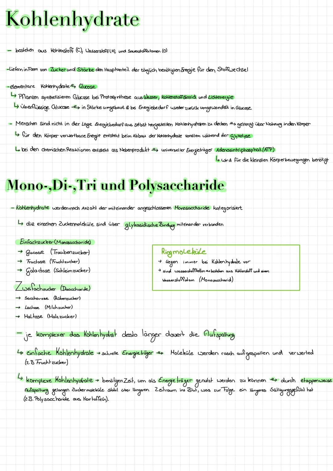 Funktionen:
dient Zellen und Organismen als Energiequelle
- ist eine Art Gerüst substanz
• Einfachzucker
●
H
Monosaccharid
• Hohlenstoffatom