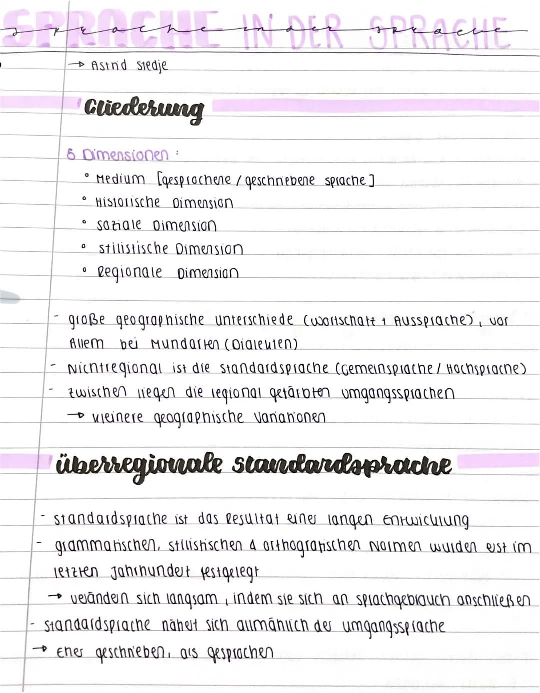 Sprache WDER SPRACHE
IN
→ Astrid Stedje
Gliederung
-
6 Dimensionen:
• Medium (gesprochene / geschriebene sprache ]
Historische Dimension
Soz