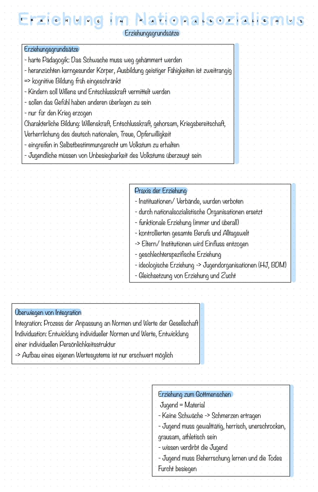 Erziehung im Nationalsozialismus
Erziehungsgrundsätze
Erziehungsgrundsätze
- harte Pädagogik: Das Schwache muss weg gehämmert werden
- heran