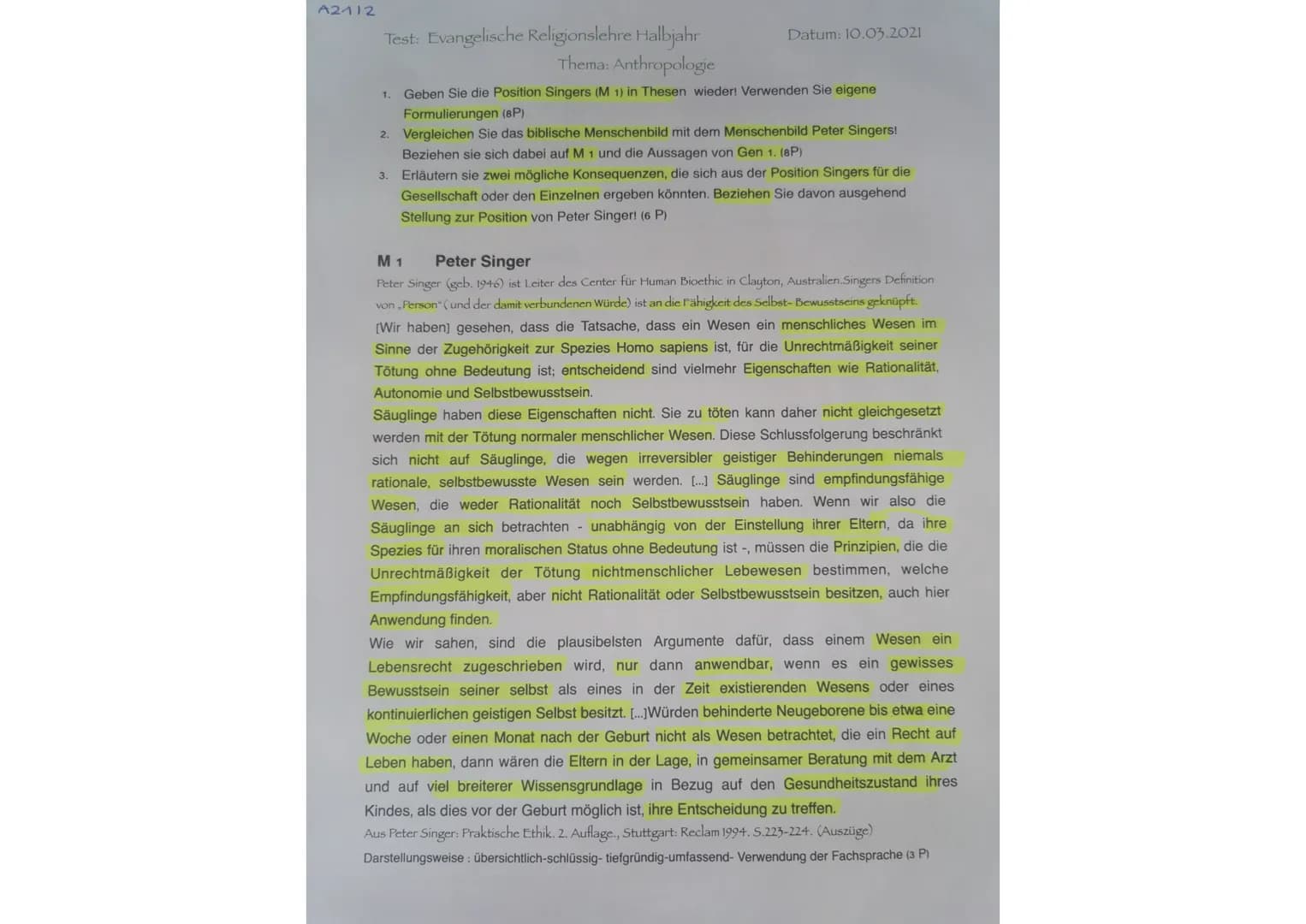 A2112
Test: Evangelische Religionslehre Halbjahr
Thema: Anthropologie
Datum: 10.03.2021
1.
Geben Sie die Position Singers (M 1) in Thesen wi