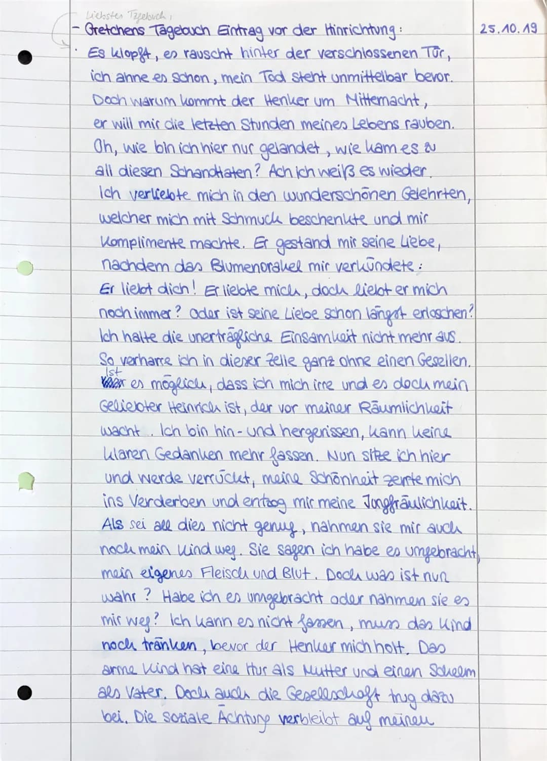 Liebstes Tagebuch,
Gretchens Tagebuch Eintrag vor der Hinrichtung:
Es klopft, es rauscht hinter der verschlossenen Tür,
ich ahne es schon, m