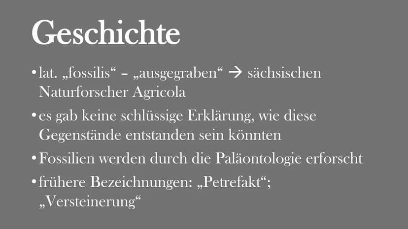 Fossilien
Von Elisabeth Atapin
dest Gliederung
• Bedeutung
●
Geschichte
Fossilisation
Fossilienformen
●
●
●
●
●
●
●
Lebende Fossilien
Alters