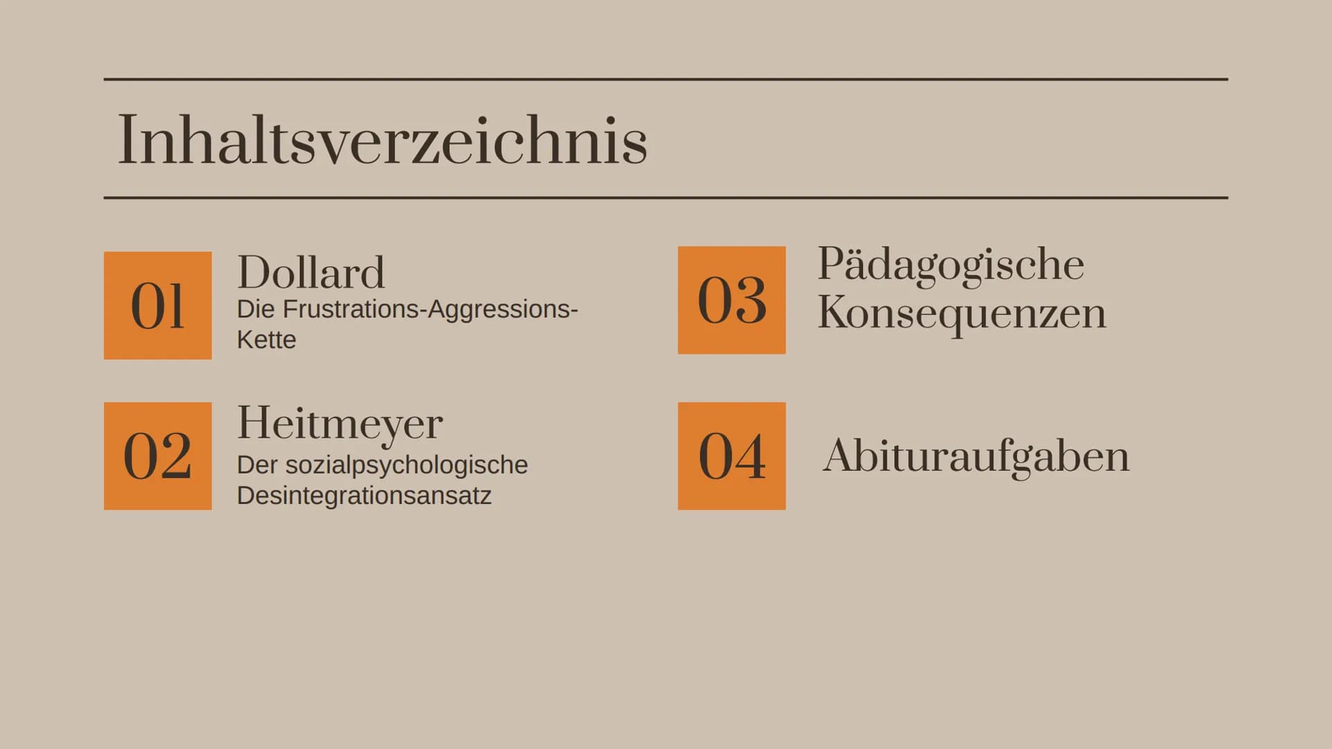 Wie entsteht
Gewalt ?
Nach Dollard und Heitmeyer
Lindsay-Nadine Atelefack
Pädagogik LK Wolf Q2 Inhaltsverzeichnis
01
02
Dollard
Die Frustrat