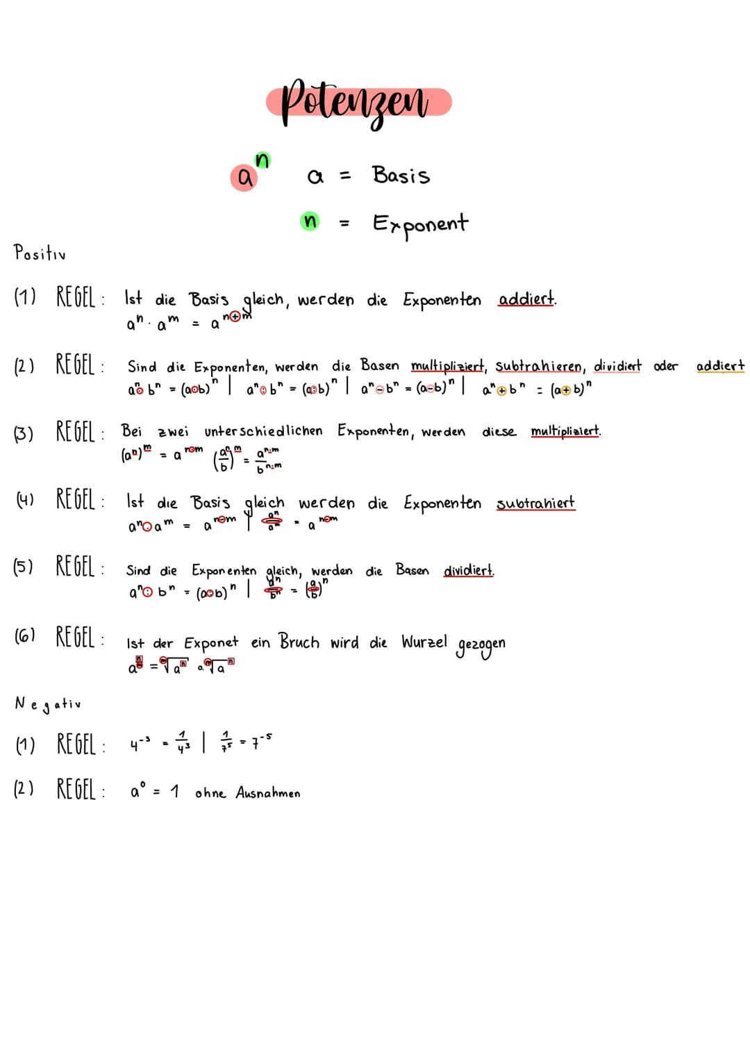 Positiv
(1) REGEL:
(2) REGEL:
(3) REGEL:
(4) REGEL:
(5) REGEL:
(6) REGEL:
Negativ
(1) REGEL:
(2) REGEL:
a
Potenzen
SIE
a = Basis
n+m
an.am =