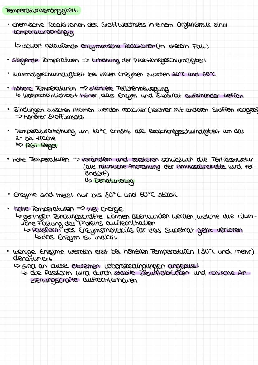 RGT-Regel:
●
REAKTIONSBEDINGUNGEN
VON ENZYMEN
Reaktionsgeschwindigkeit - Temperatur-Regel
•Zusammenhang von Reaktionsgeschwindigkeit und Tem