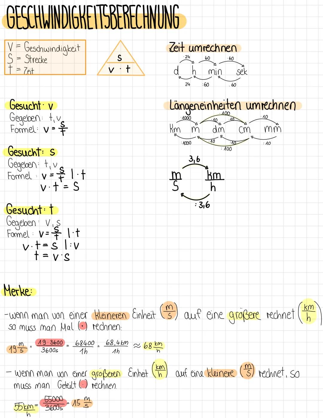 GESCHWINDIGKEITSBERECHNUNG
V = Geschwindigkeit
S = Strecke
t = Zeit
S
vit
Gesucht v
Gegeben: t, v
Formel v = $
Gesucht: s
Gegeben: tivo
Form