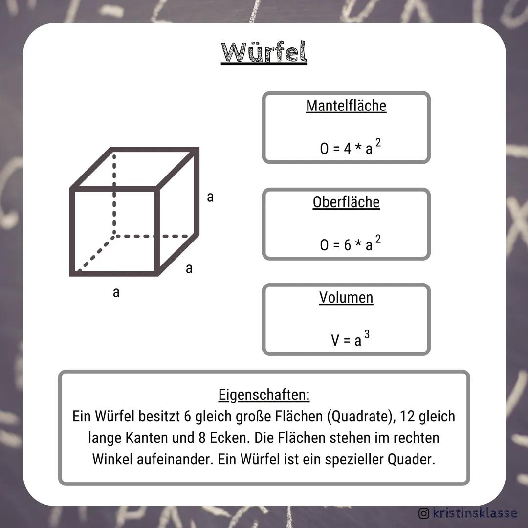 MATHE

Würfel & Quader

Formelsammlung

kristinsklasse a
# Würfel

Mantelfläche

0 = 4* a2

a
a
Oberfläche

0 = 6 * a 2

Volumen

3
V = a³


