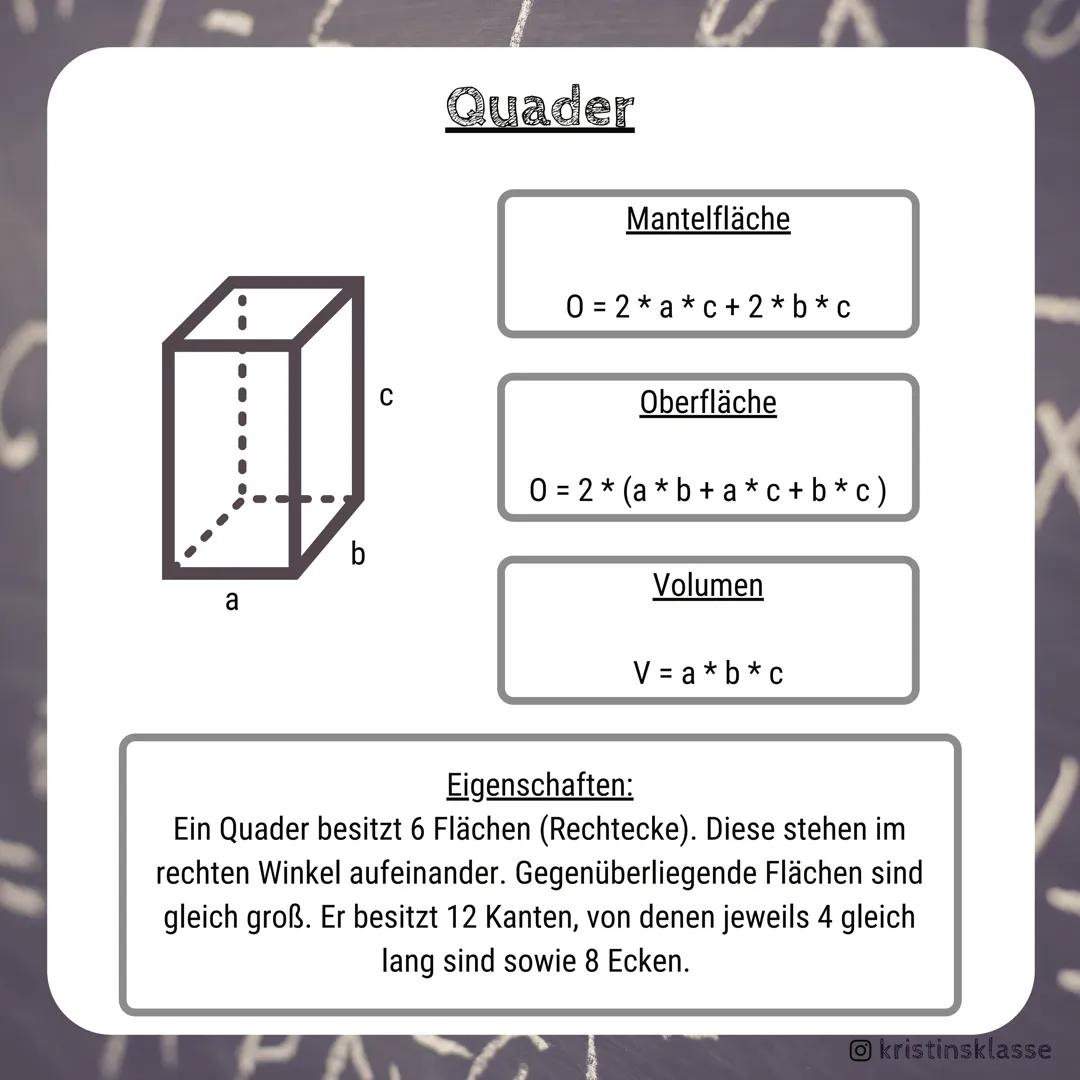 MATHE

Würfel & Quader

Formelsammlung

kristinsklasse a
# Würfel

Mantelfläche

0 = 4* a2

a
a
Oberfläche

0 = 6 * a 2

Volumen

3
V = a³

