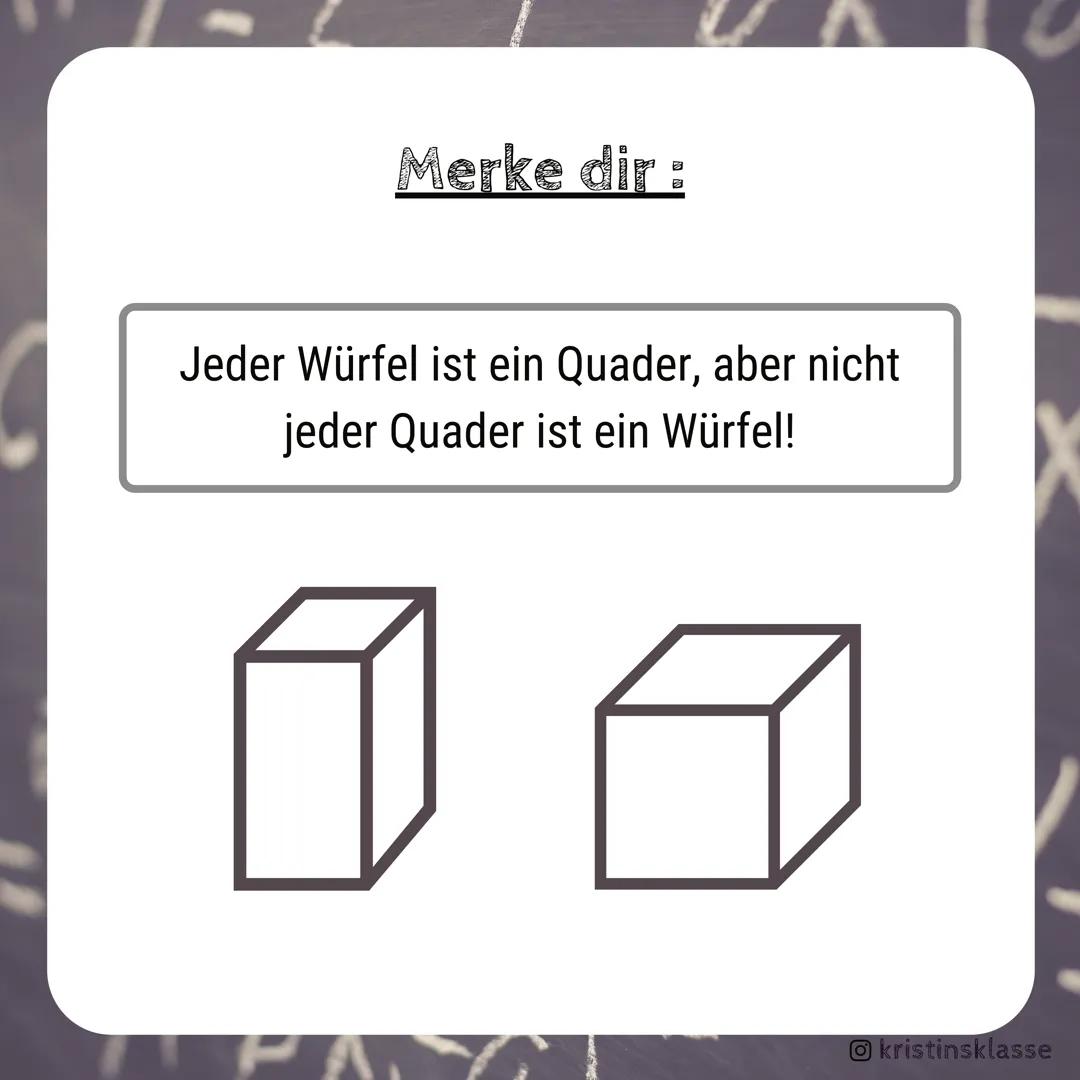 MATHE

Würfel & Quader

Formelsammlung

kristinsklasse a
# Würfel

Mantelfläche

0 = 4* a2

a
a
Oberfläche

0 = 6 * a 2

Volumen

3
V = a³

