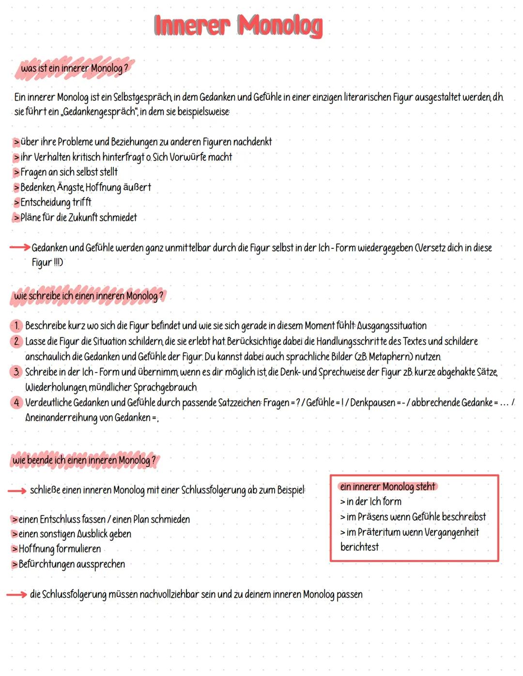 Innerer Monolog
was ist ein innerer Monolog?
Ein innerer Monolog ist ein Selbstgespräch in dem Gedanken und Gefühle in einer einzigen litera