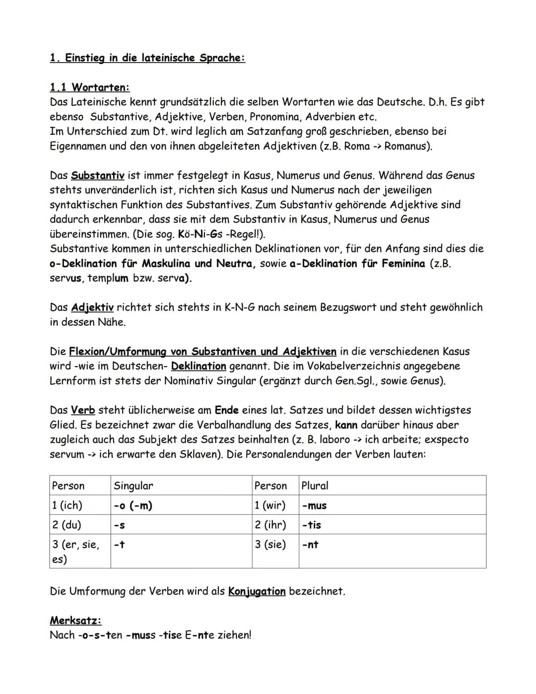 1. Einstieg in die lateinische Sprache:
1.1 Wortarten:
Das Lateinische kennt grundsätzlich die selben Wortarten wie das Deutsche. D.h. Es gi