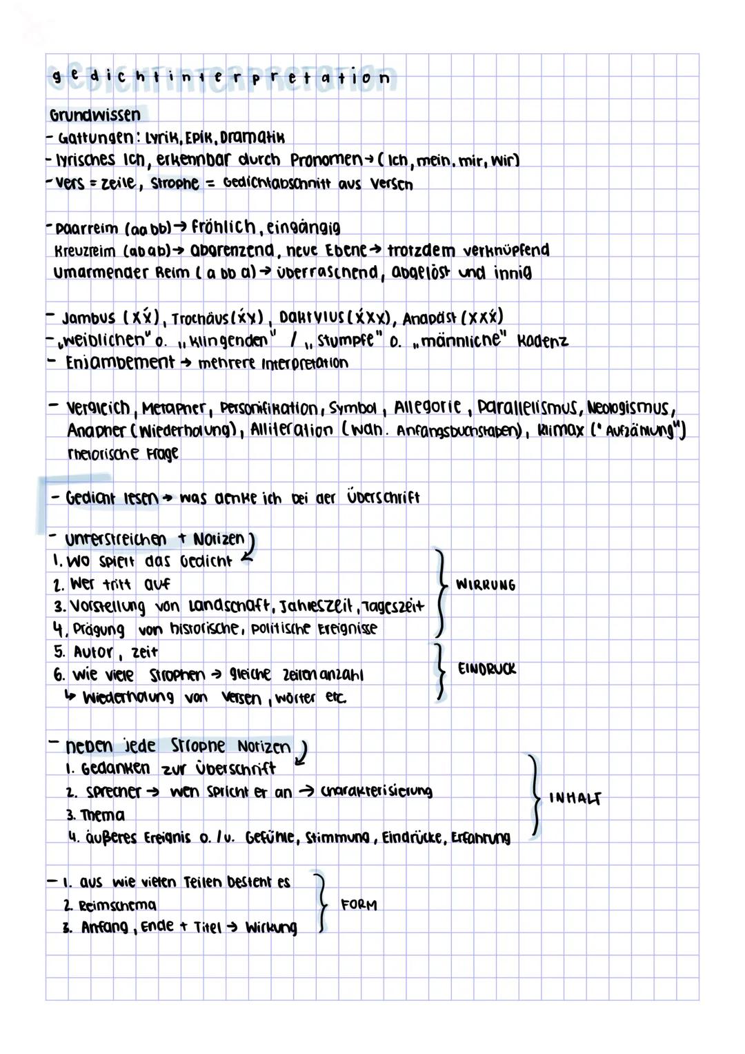 # gedichtinterpretation

Grundwissen
- Gattungen: Lyrik, Epik, Dramatik
- lyrisches ich, erkennbar durch Pronomen (Ich, mein, mir, Wir)
-ver