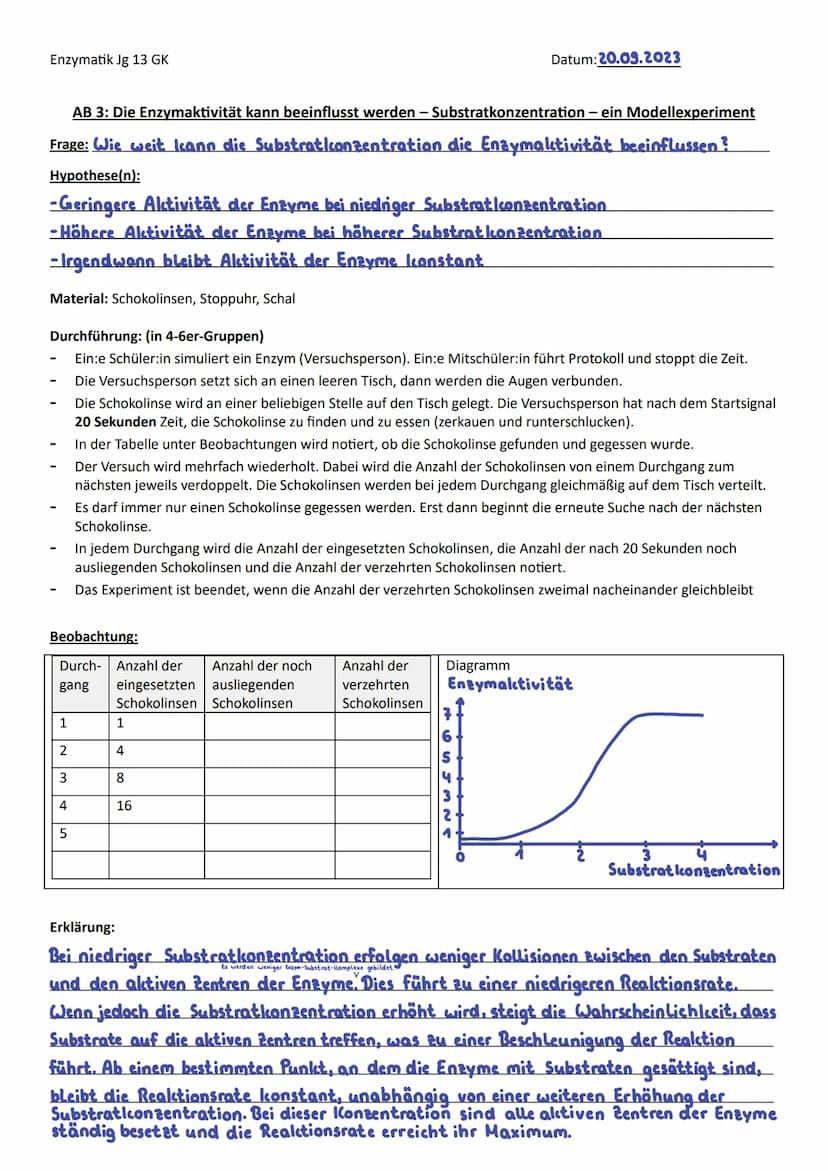 Enzymatik Jg 13 GK
Frage: Hängt die Aktivität des Enzyms Amylase vom pH-Wert ab?
Hypothese(n):
-Enzymaktivität wird geringer, wenn pH-Wert b
