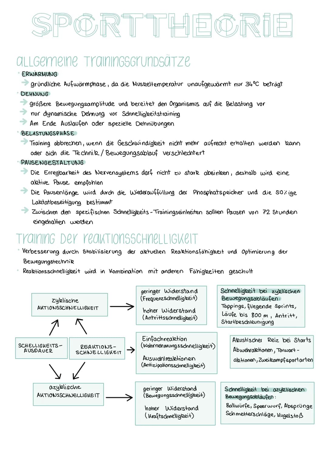 SPORTTHEORIE
SCHNELLIGKEIT:
Schnelligkeit ist die Fähigkeit des Nerv - Muskel-Systems, motorische Aktionen in einem
unter den gegebenen Bedi