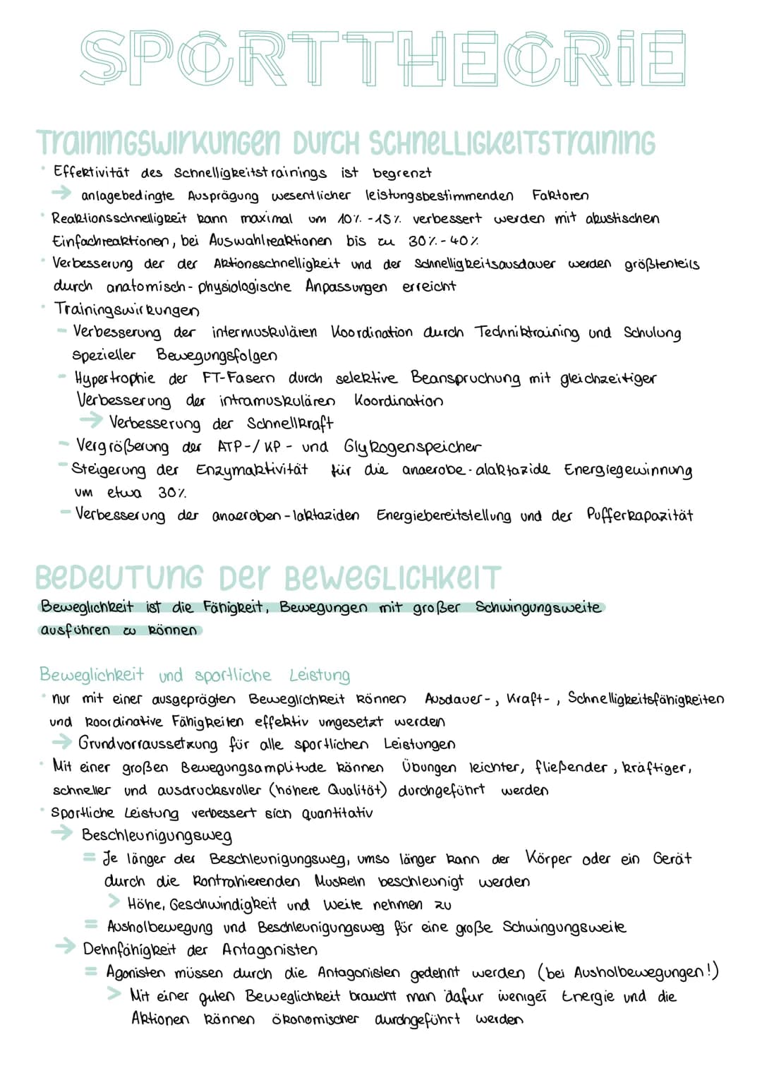 SPORTTHEORIE
SCHNELLIGKEIT:
Schnelligkeit ist die Fähigkeit des Nerv - Muskel-Systems, motorische Aktionen in einem
unter den gegebenen Bedi