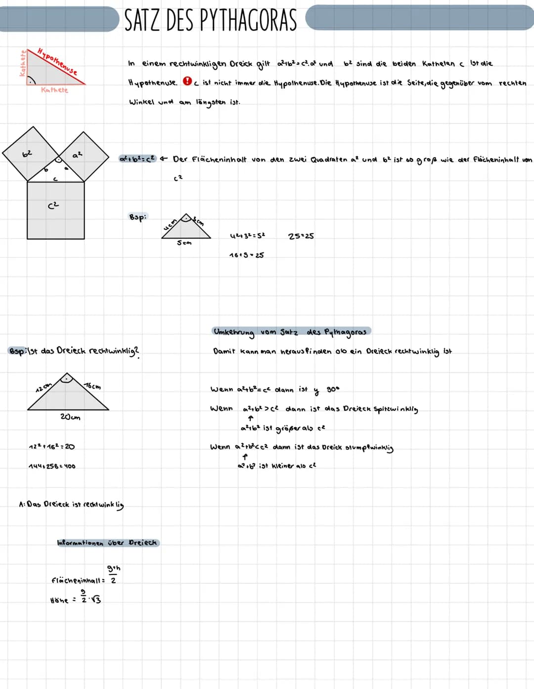 62
Hypothenuse
Kathete
56
C
(²
12 c
१८
20cm
Bsp:1st das Dreieck rechtwinklig?
12² +16²:20
144+256 = 400
16cm
SATZ DES PYTHAGORAS
In einem re