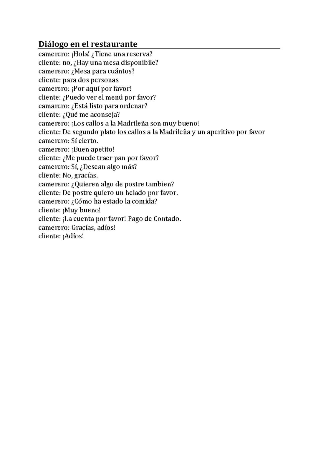 Aprende español en el restaurante: Diálogo, vocabulario y ejercicios PDF