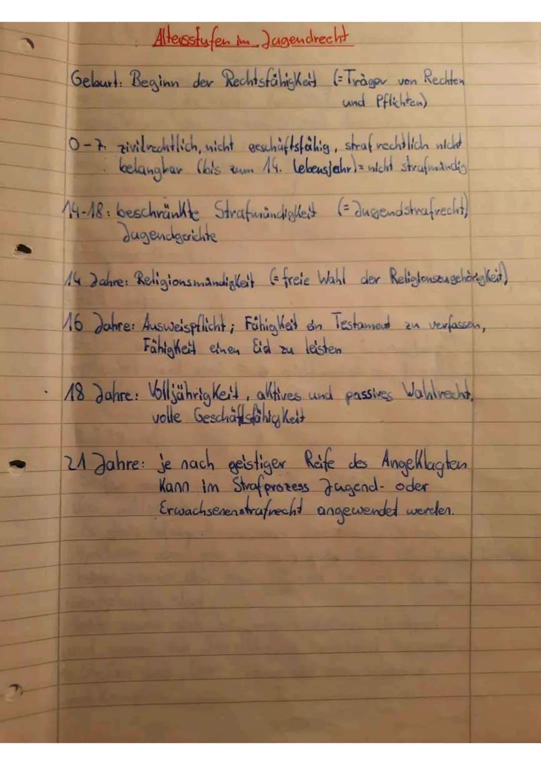 Altersstufen im Jugendrecht
Geburt: Beginn der Rechtsfähigkeit (= Träger
Rechten
von
und Pflichten)
0-7 zivilrechtlich, nicht geschäftsfähig