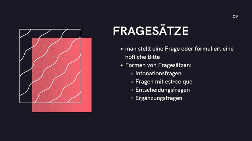 Wortstellung im
französischen Satz
01 Verschiedene
Arten
●
Aussagesätze
Verneinungen
Fragesätze
02 WORTSTELLUNG-AUSSAGESATZ
03 WORTSTELLUNG-