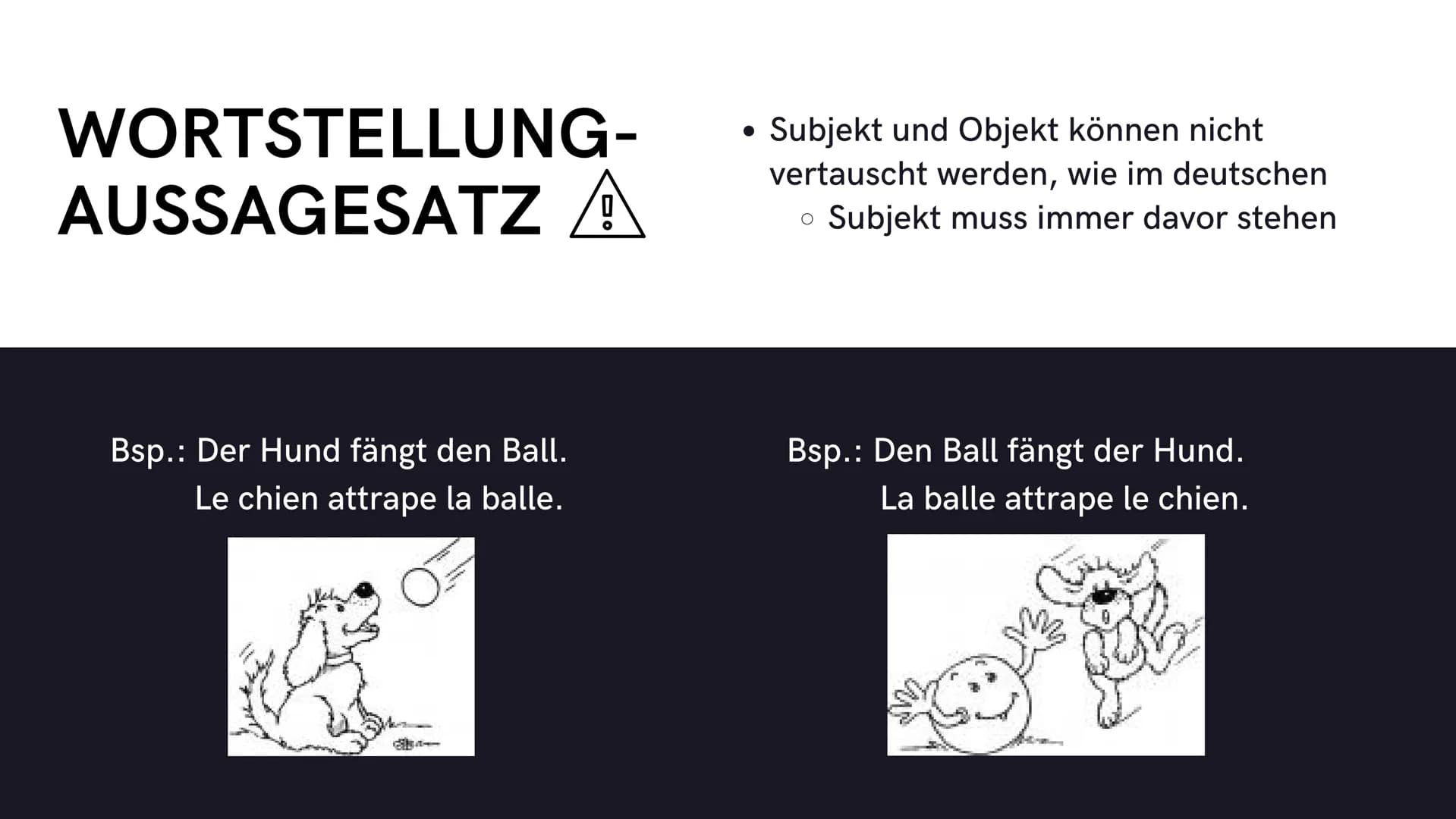 Wortstellung im
französischen Satz
01 Verschiedene
Arten
●
Aussagesätze
Verneinungen
Fragesätze
02 WORTSTELLUNG-AUSSAGESATZ
03 WORTSTELLUNG-