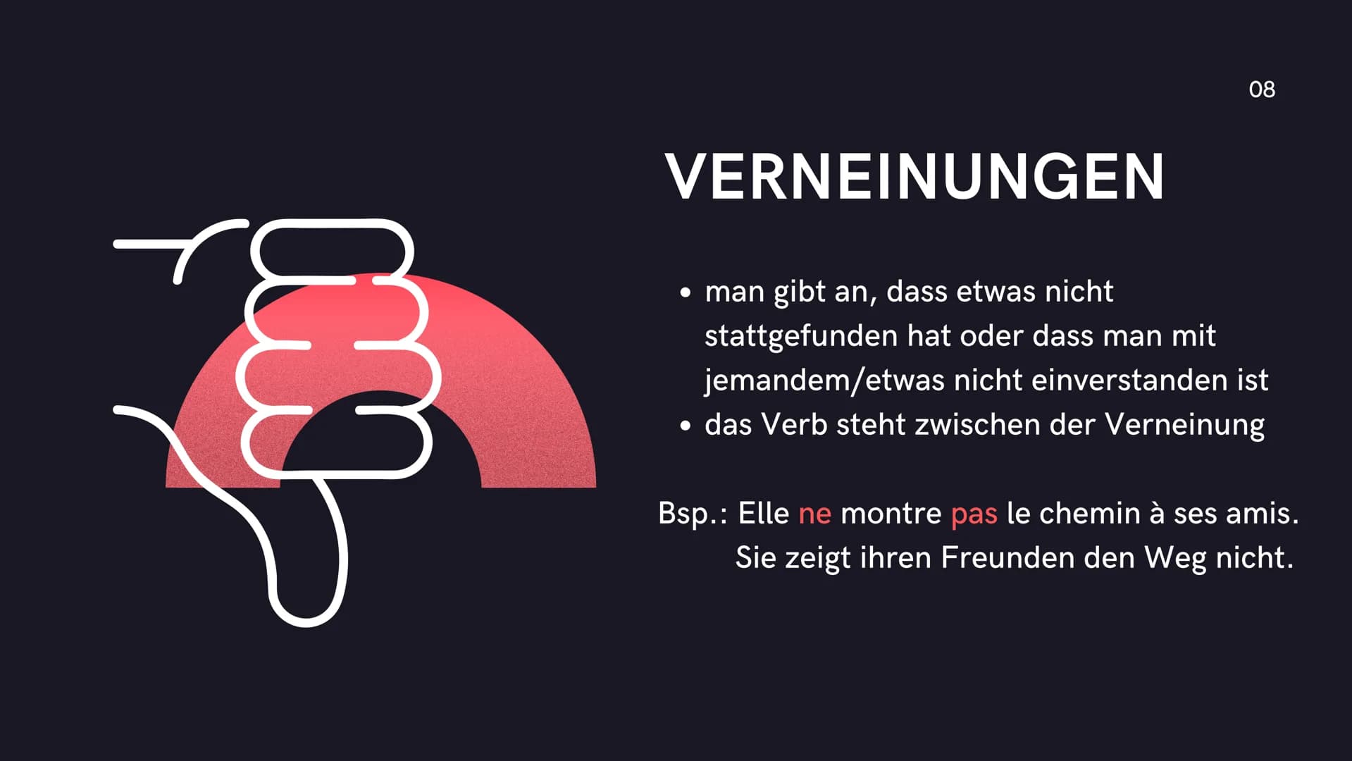 Wortstellung im
französischen Satz
01 Verschiedene
Arten
●
Aussagesätze
Verneinungen
Fragesätze
02 WORTSTELLUNG-AUSSAGESATZ
03 WORTSTELLUNG-