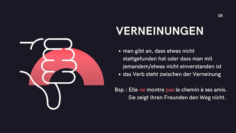 Wortstellung im
französischen Satz
01 Verschiedene
Arten
●
Aussagesätze
Verneinungen
Fragesätze
02 WORTSTELLUNG-AUSSAGESATZ
03 WORTSTELLUNG-