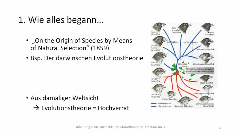  Evolutionstheorie vs.
Kreationismus
Ein Ringen zwischen zwei Alternativen?
2 1. Wie alles begann...
• ,,On the Origin of Species by Means
o