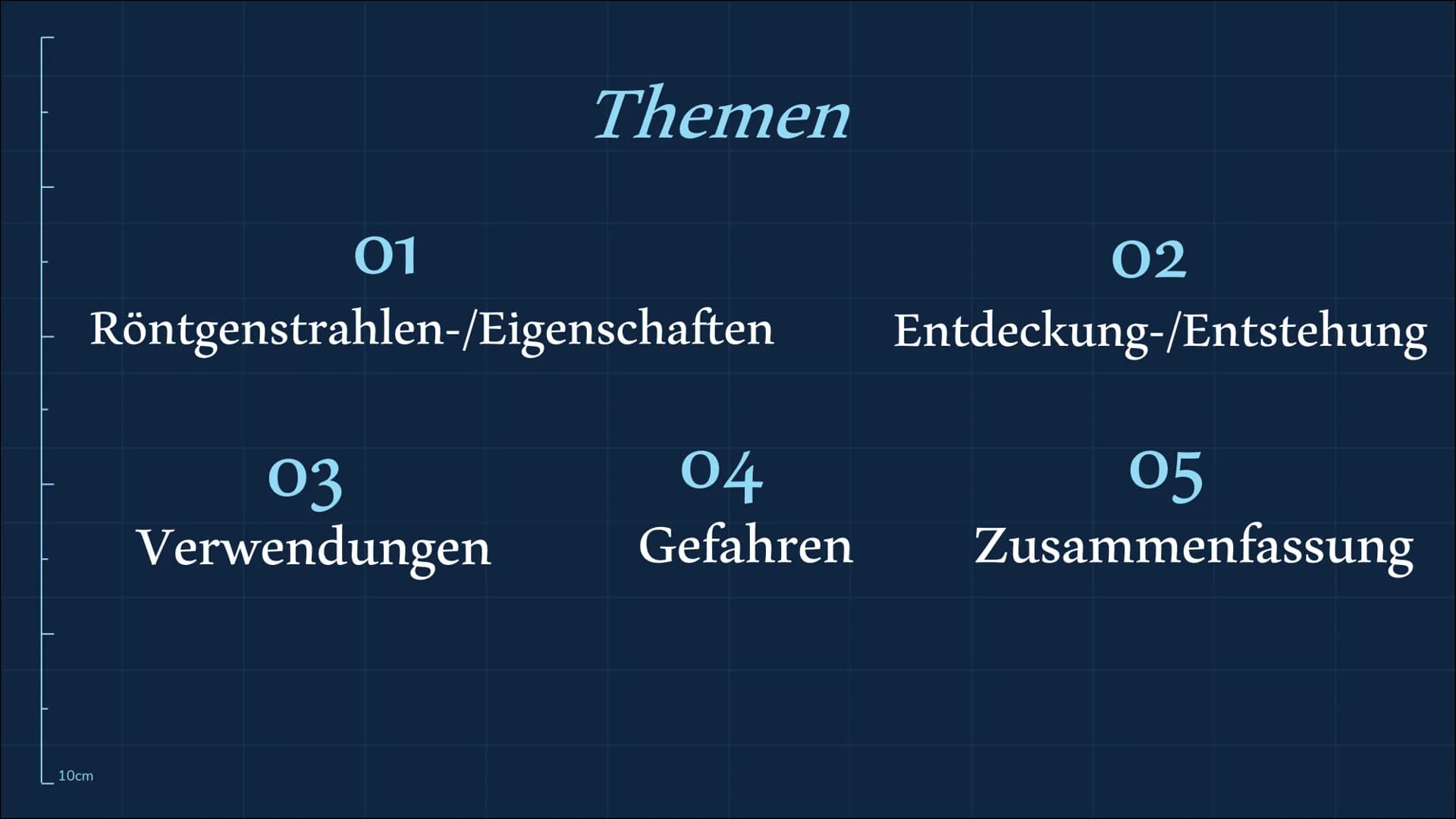 Röntgenstrahlung
10cm
n 01
02
Röntgenstrahlen-/Eigenschaften Entdeckung-/Entstehung
10cm
Themen
03
Verwendungen
04
05
Gefahren Zusammenfassu