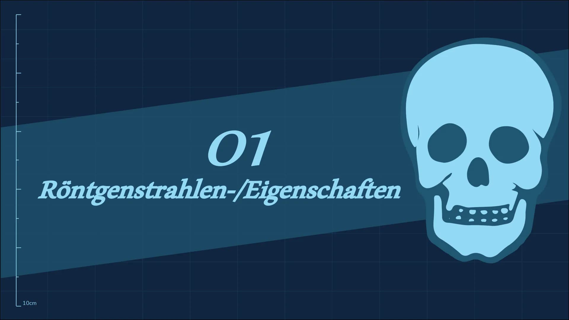 Röntgenstrahlung
10cm
n 01
02
Röntgenstrahlen-/Eigenschaften Entdeckung-/Entstehung
10cm
Themen
03
Verwendungen
04
05
Gefahren Zusammenfassu
