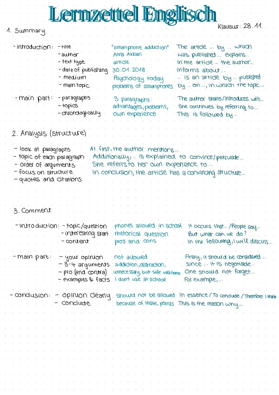 # Lernzettel Englisch

1. Summary

- introduction: -title
 -author "smartphone addiction" The article ... by... which
 - text type Anna Akba