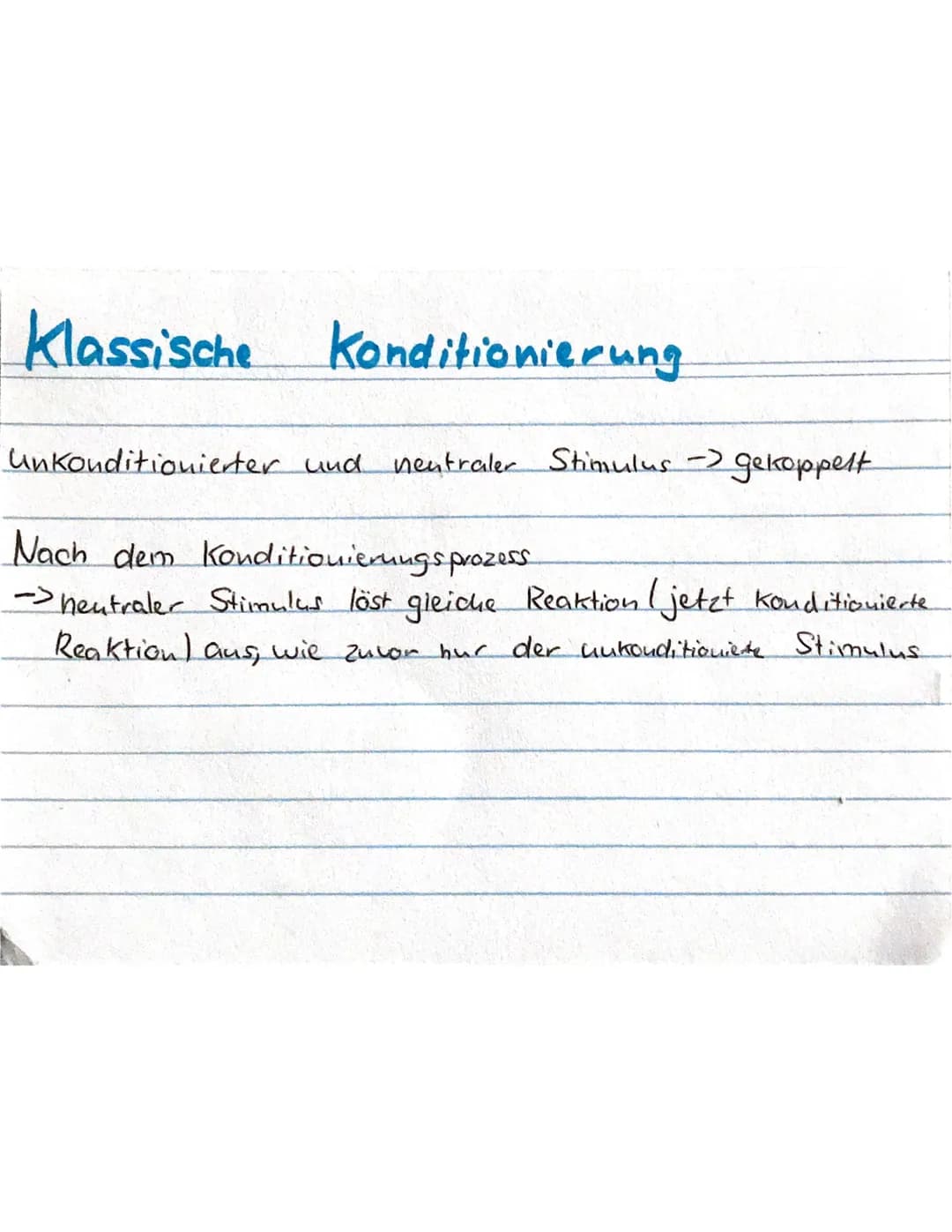 Klassische Konditionierung
Unkonditionierter und neutraler Stimulus -> gekoppelt
Nach dem Konditionierungsprozess
• Neutraler Stimulus löst 