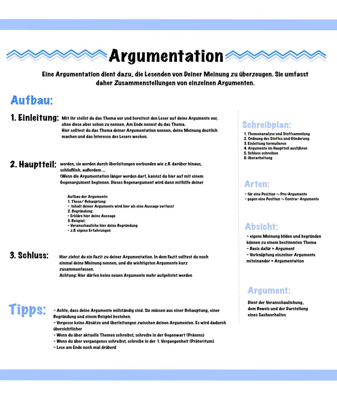 # Argumentation

Eine Argumentation dient dazu, die Lesenden von Deiner Meinung zu überzeugen. Sie umfasst
daher Zusammenstellungen von einz