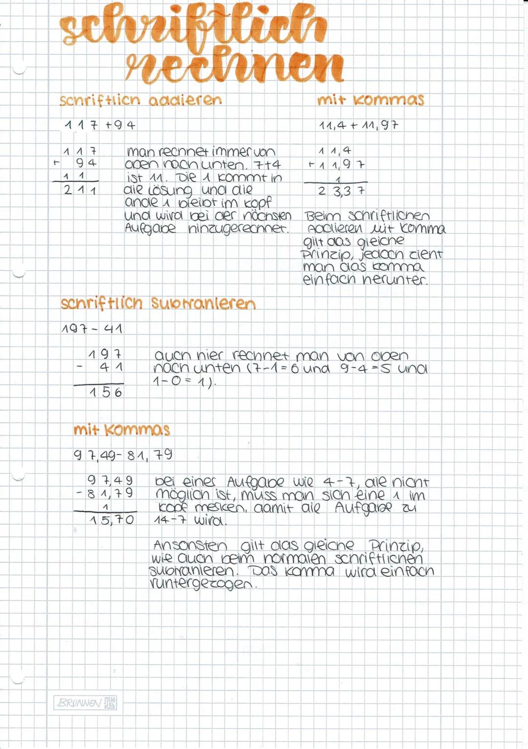 schriftlich
rechnen
schriftlich addieren
t
117 +94
117
94
1
211
1
schriftlich Subtranieren
197-41
197
41
156
man rechnet immer von
aben nach