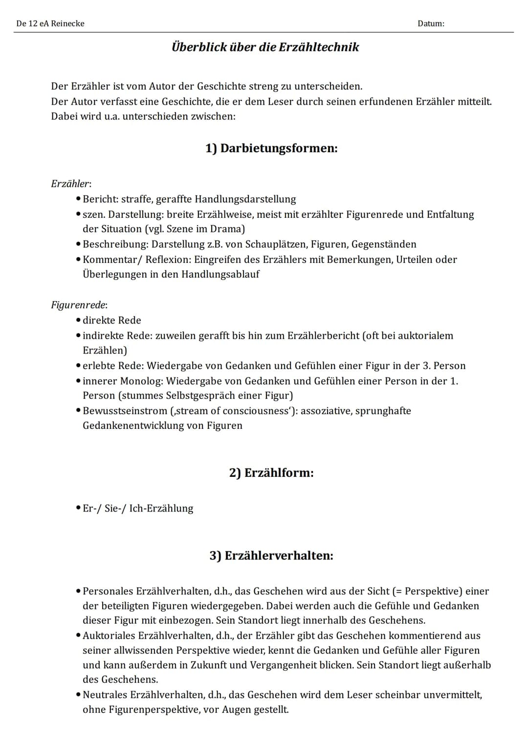Erzähltext
analyse
11.10.2021 De 12 eA Reinecke
Erzähler:
Der Erzähler ist vom Autor der Geschichte streng zu unterscheiden.
Der Autor verfa