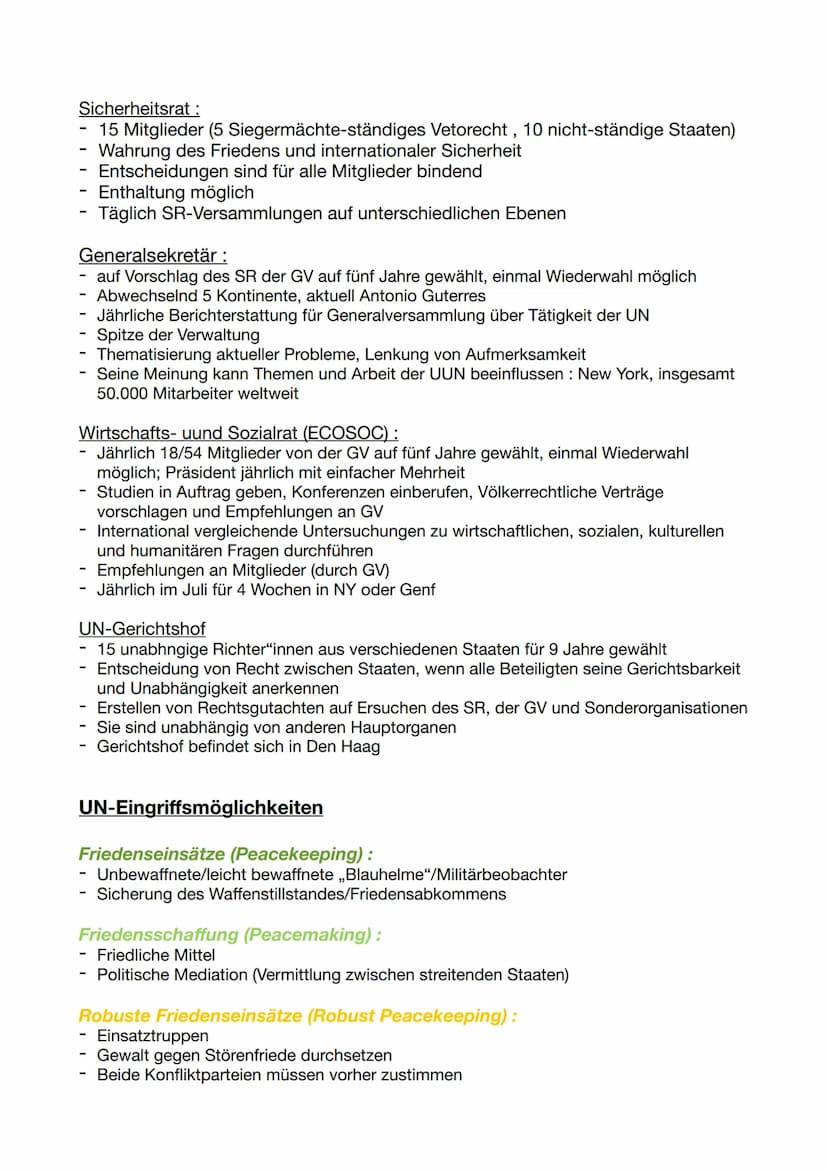 UN - Vereinigten Nationen
Aufgaben:
internationale Sicherheit und Weltfrieden gewähren
Handelt und greift bei der Bedrohung internationaler 