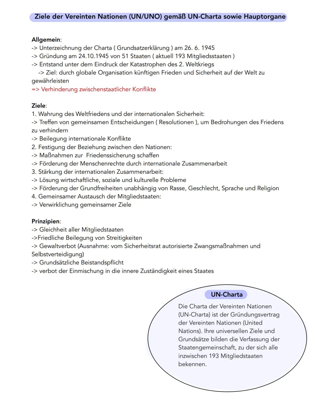 Ziele der Vereinten Nationen (UN/UNO) gemäß UN-Charta sowie Hauptorgane
Allgemein:
-> Unterzeichnung der Charta (Grundsatzerklärung) am 26. 