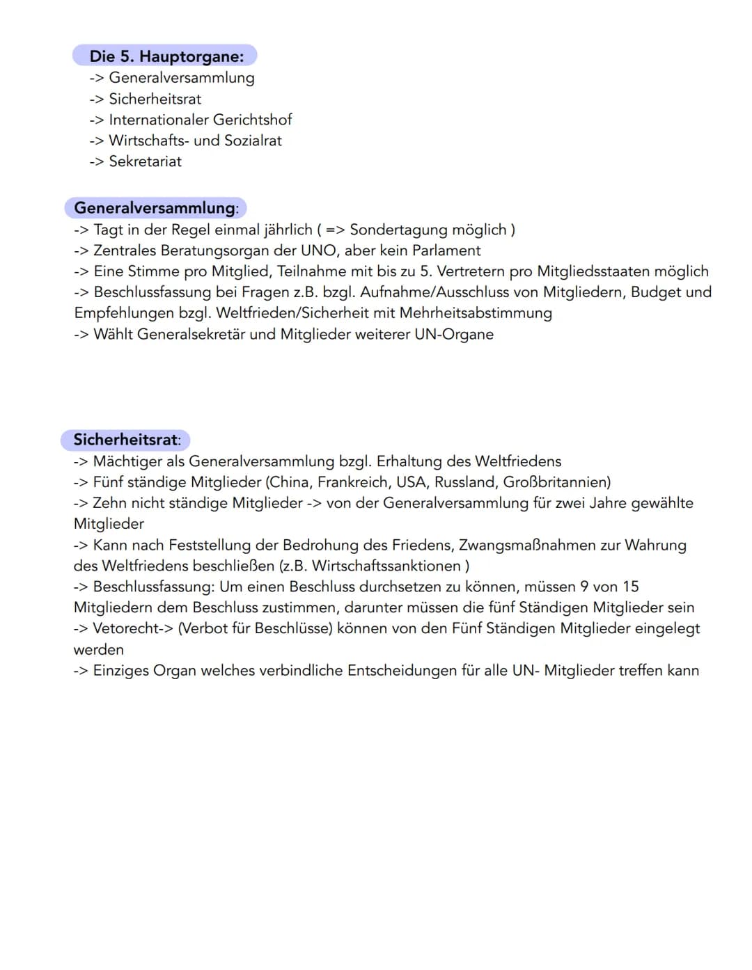 Ziele der Vereinten Nationen (UN/UNO) gemäß UN-Charta sowie Hauptorgane
Allgemein:
-> Unterzeichnung der Charta (Grundsatzerklärung) am 26. 
