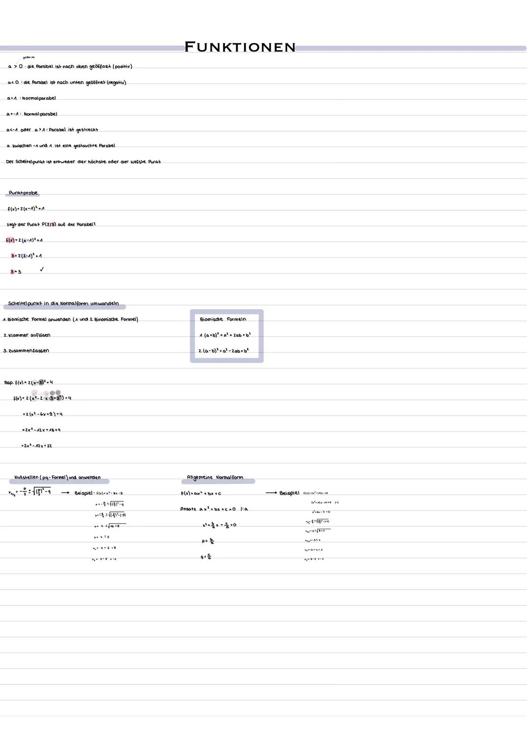 # FUNKTIONEN

Parabel ist nach oben geöffnet (positiv)

Parabel ist nach unten geöffnet (negativ)

Normalparabel

Normal parabel

oder

Para