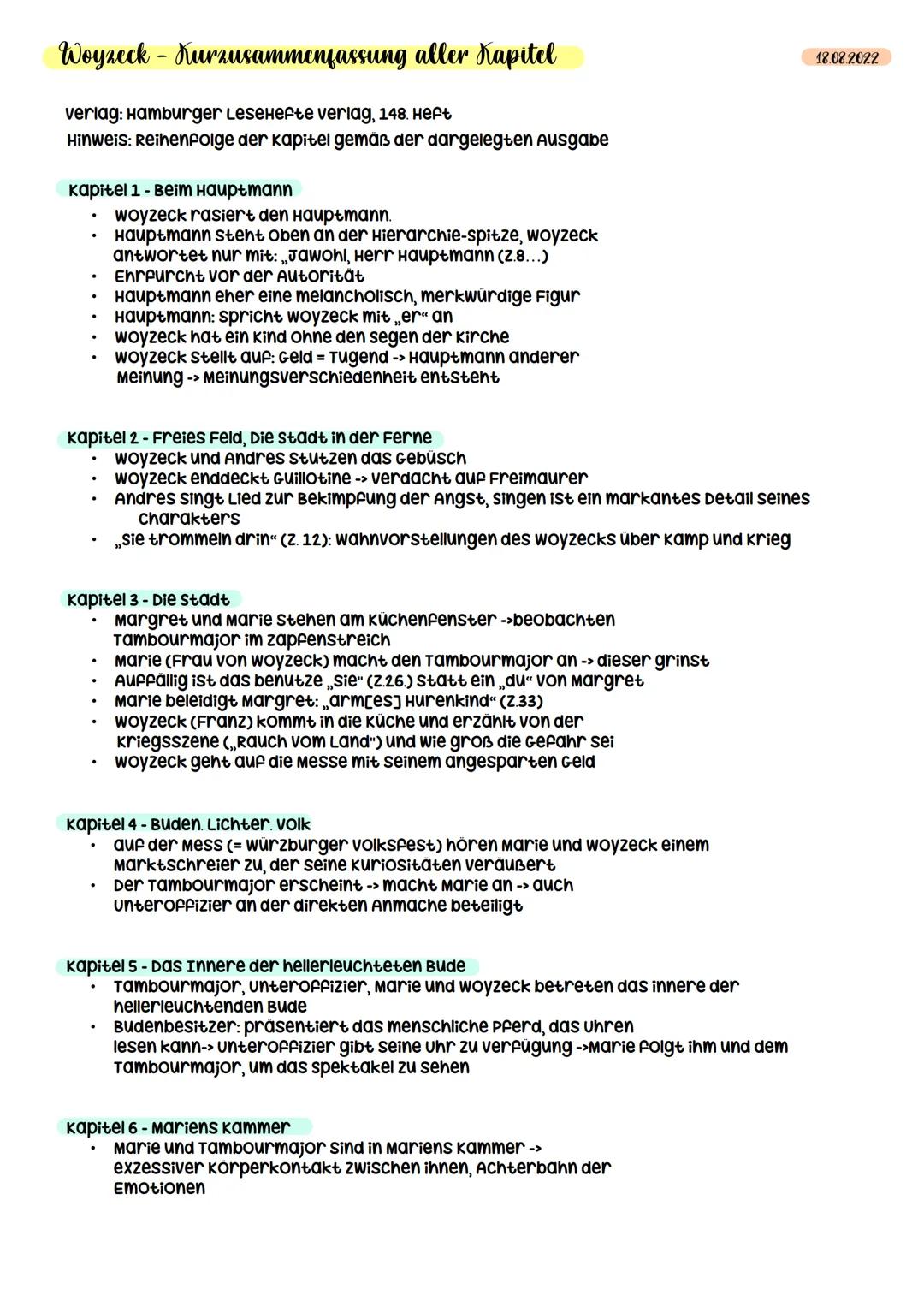 # Woyzeck - Kurzusammenfassung aller Kapitel

verlag: Hamburger LeseHefte verlag, 148. Heft
Hinweis: Reihenfolge der kapitel детаß der darge