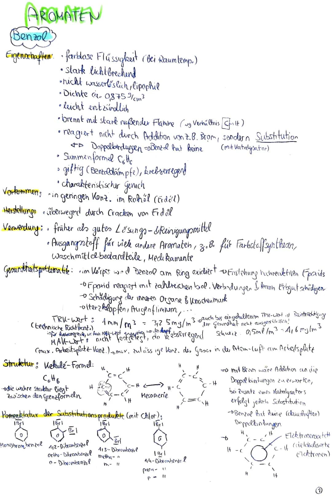 AROMATEN
Benzol)
Eigenschaften. • farblose Flüssigkeit (bei Raumtemp.)
• stark licht brechend
•nicht wasserle's lich, lipophil
• Dichte & 0,