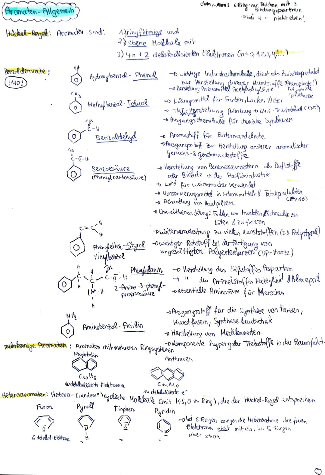 AROMATEN
Benzol)
Eigenschaften. • farblose Flüssigkeit (bei Raumtemp.)
• stark licht brechend
•nicht wasserle's lich, lipophil
• Dichte & 0,