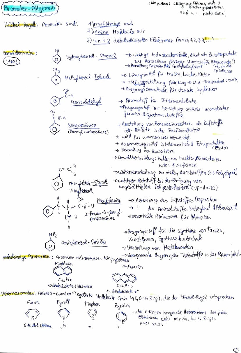 AROMATEN
Benzol)
Eigenschaften. • farblose Flüssigkeit (bei Raumtemp.)
• stark licht brechend
•nicht wasserle's lich, lipophil
• Dichte & 0,