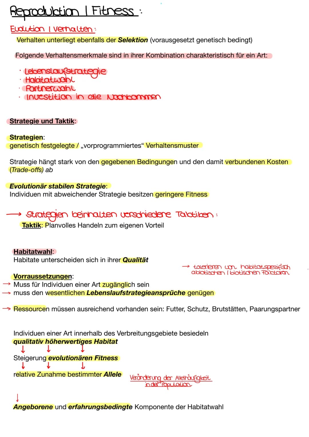 Reproduction | Fitness :
Evolution | Verhalten:
Verhalten unterliegt ebenfalls der Selektion (vorausgesetzt genetisch bedingt)
Folgende Verh