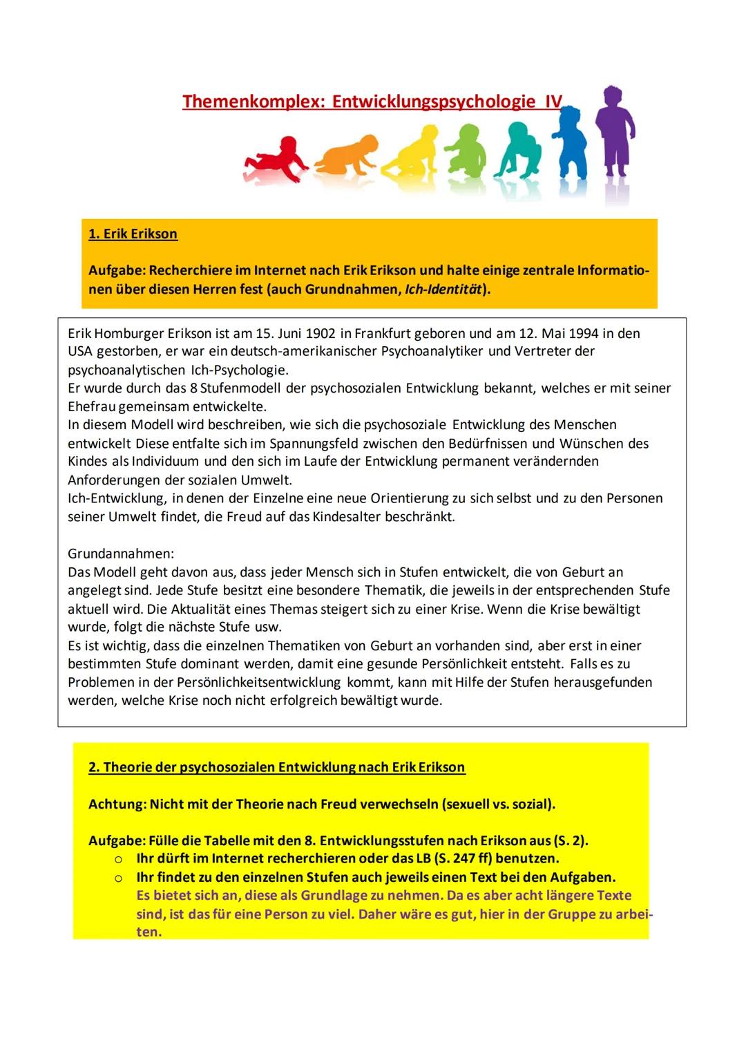 1. Erik Erikson
Themenkomplex: Entwicklungspsychologie IV
1.
Aufgabe: Recherchiere im Internet nach Erik Erikson und halte einige zentrale I