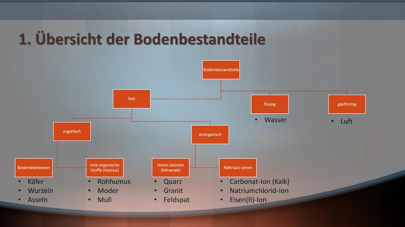 Boden ist Leben Gliederung
1. Übersicht der Bodenbestandteile
Bodenart
2.
3.
4.
5.
6.
Der Humus
Funktion des Bodens
Aufbau des Bodens/Bodenp