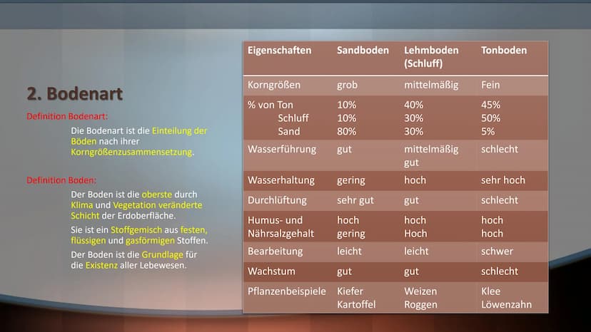 Boden ist Leben Gliederung
1. Übersicht der Bodenbestandteile
Bodenart
2.
3.
4.
5.
6.
Der Humus
Funktion des Bodens
Aufbau des Bodens/Bodenp