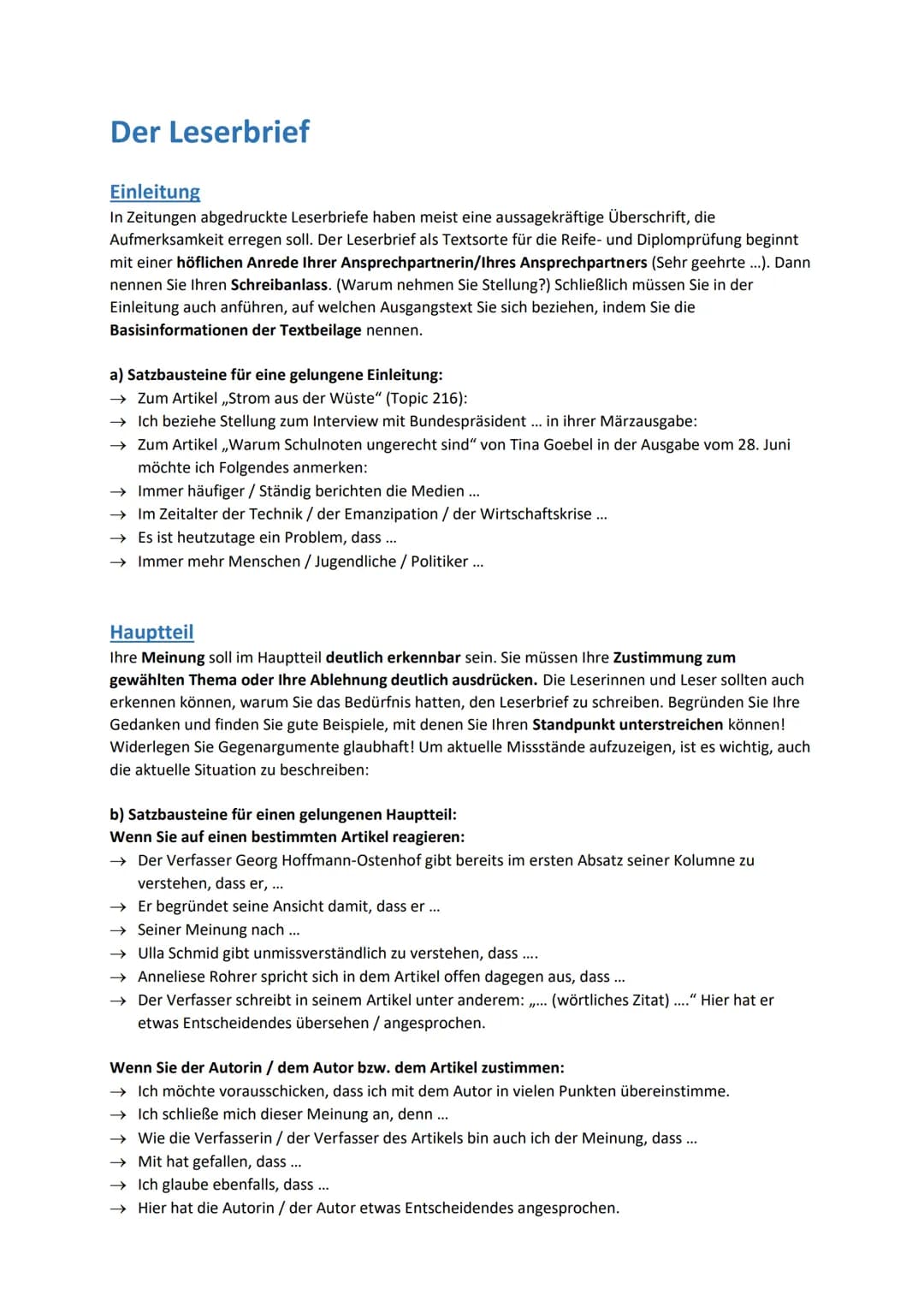 Der Leserbrief
Einleitung
In Zeitungen abgedruckte Leserbriefe haben meist eine aussagekräftige Überschrift, die
Aufmerksamkeit erregen soll