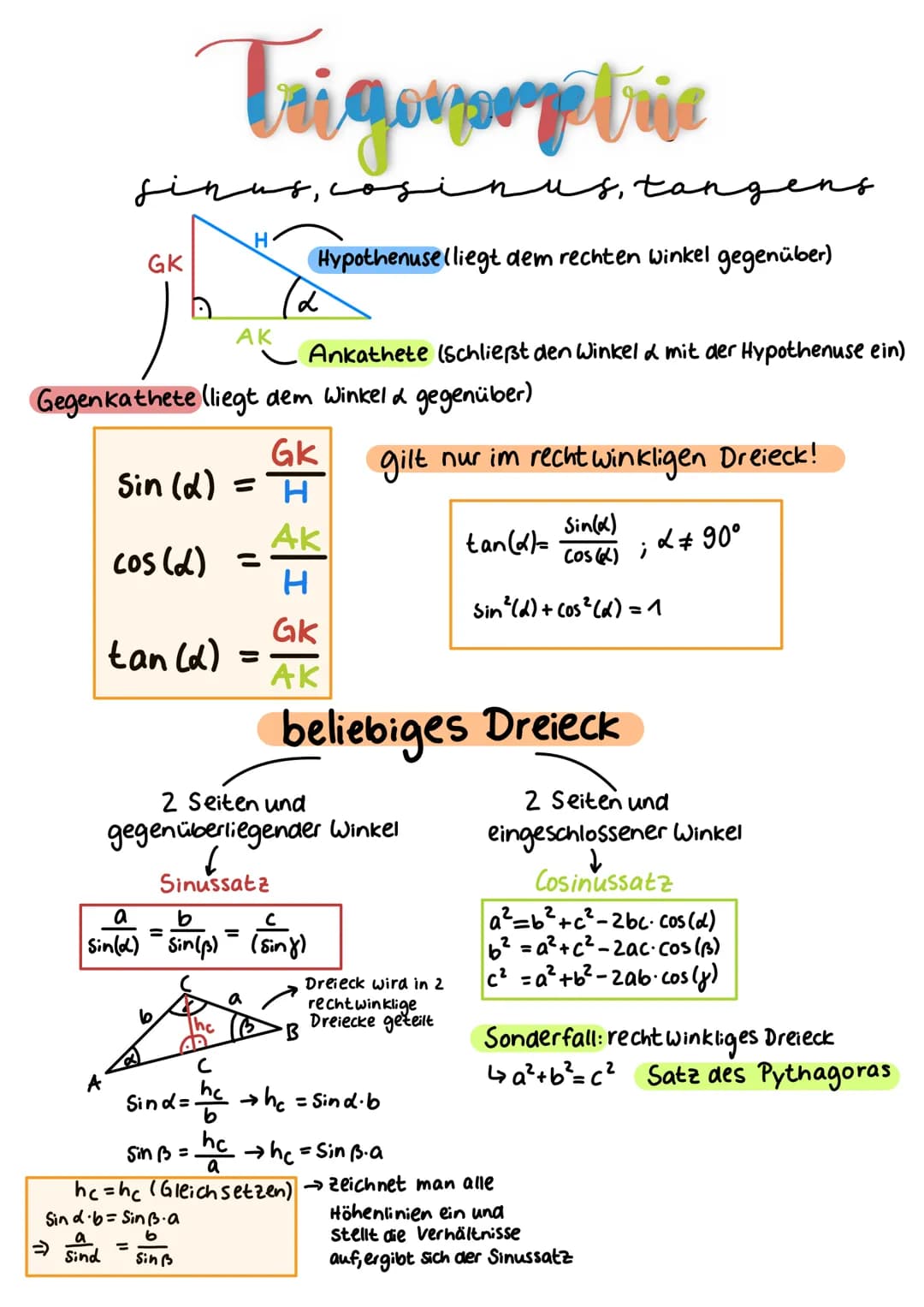 Trigovorgetrie
sinus, cosinus, tange
Hypothenuse (liegt dem rechten winkel gegenüber)
->
GK
A
Gegenkathete (liegt dem Winkel & gegenüber)
GK