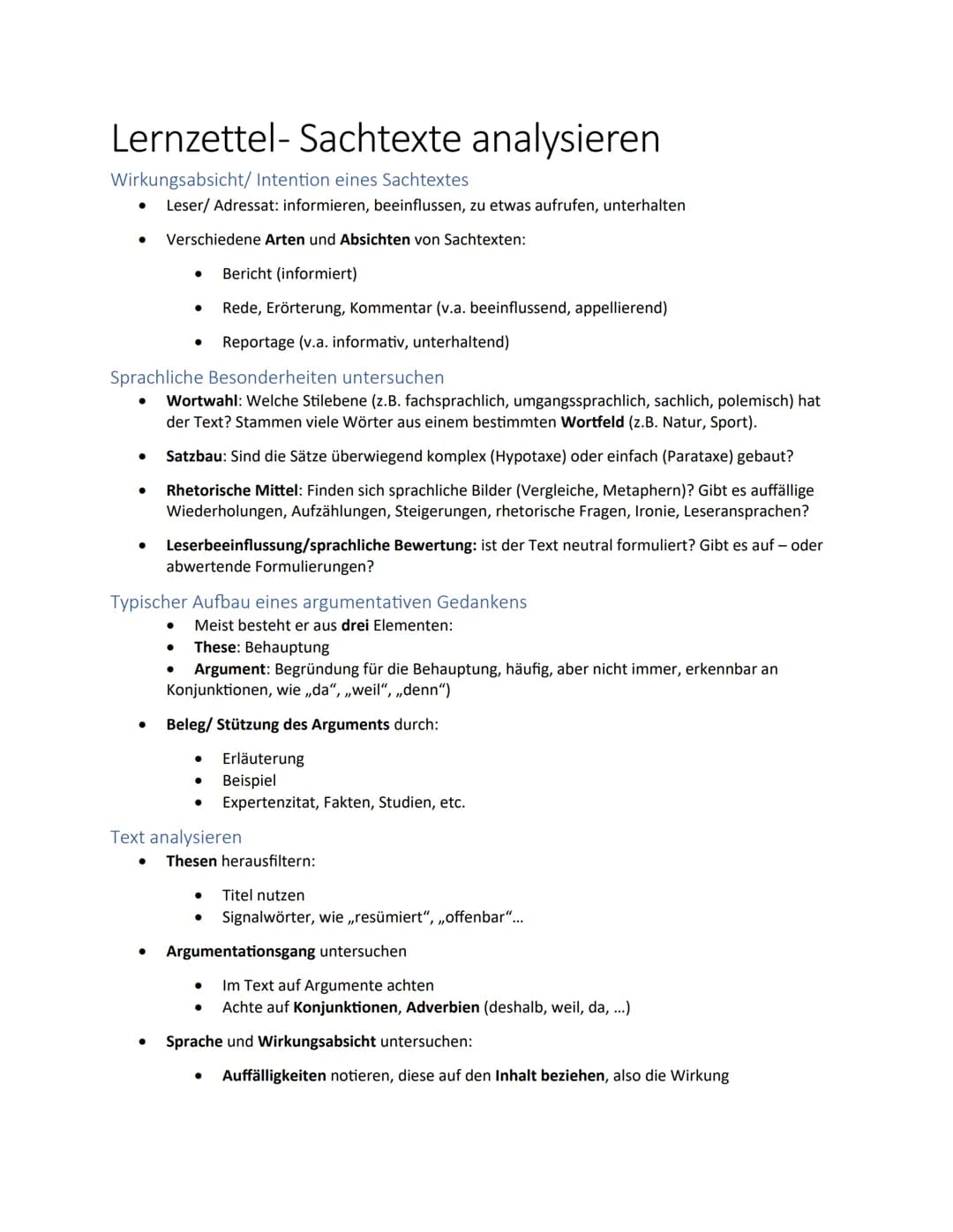 Lernzettel-Sachtexte analysieren
Wirkungsabsicht/ Intention eines Sachtextes
●
Leser/ Adressat: informieren, beeinflussen, zu etwas aufrufen